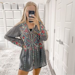 Johnny Was Gray Embroidered Blouse